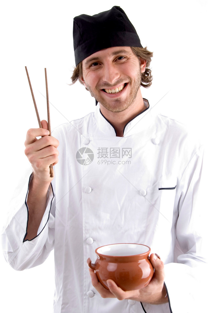 快乐的厨师拿着碗和筷子图片