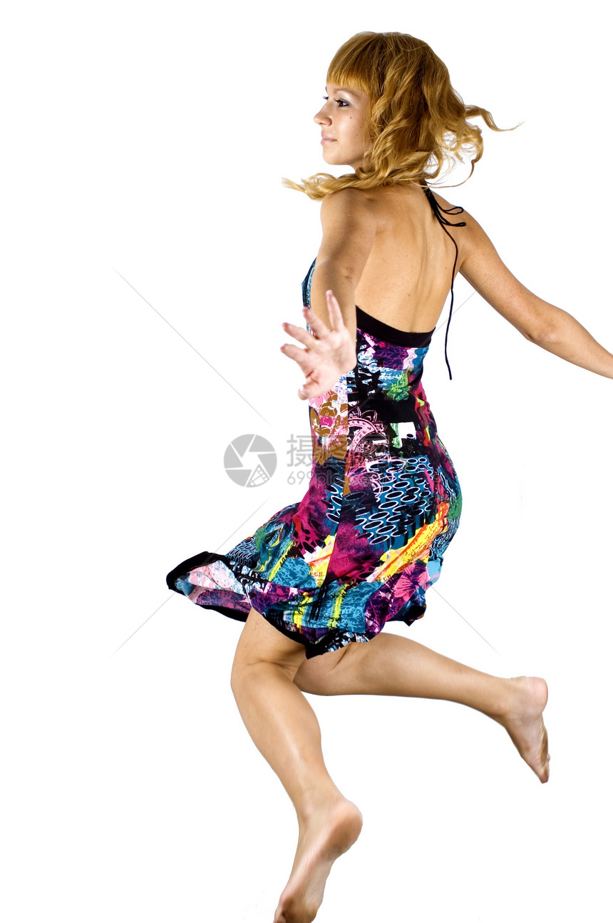 跳跃女孩裙子女性微笑飞行幸福金发图片