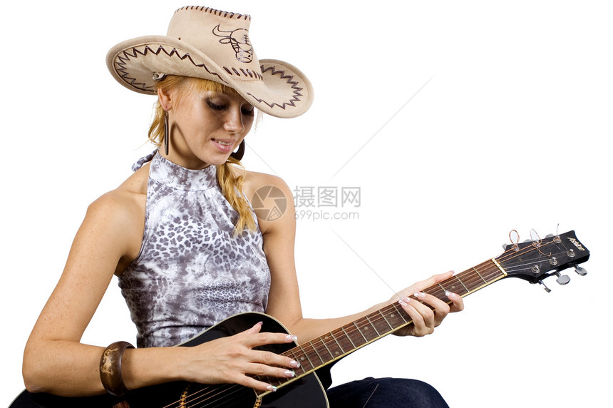 配吉他漂亮女孩女士牛仔帽子女性女孩国家玩家音乐家图片
