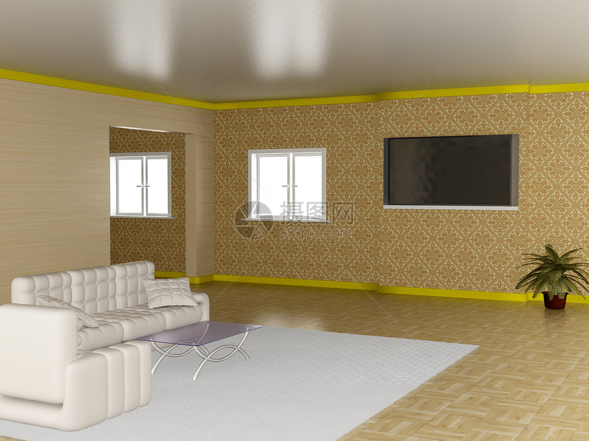 客厅内部的3D图像玻璃大厅植物枕头窗户闲暇框架住宅地毯电视图片