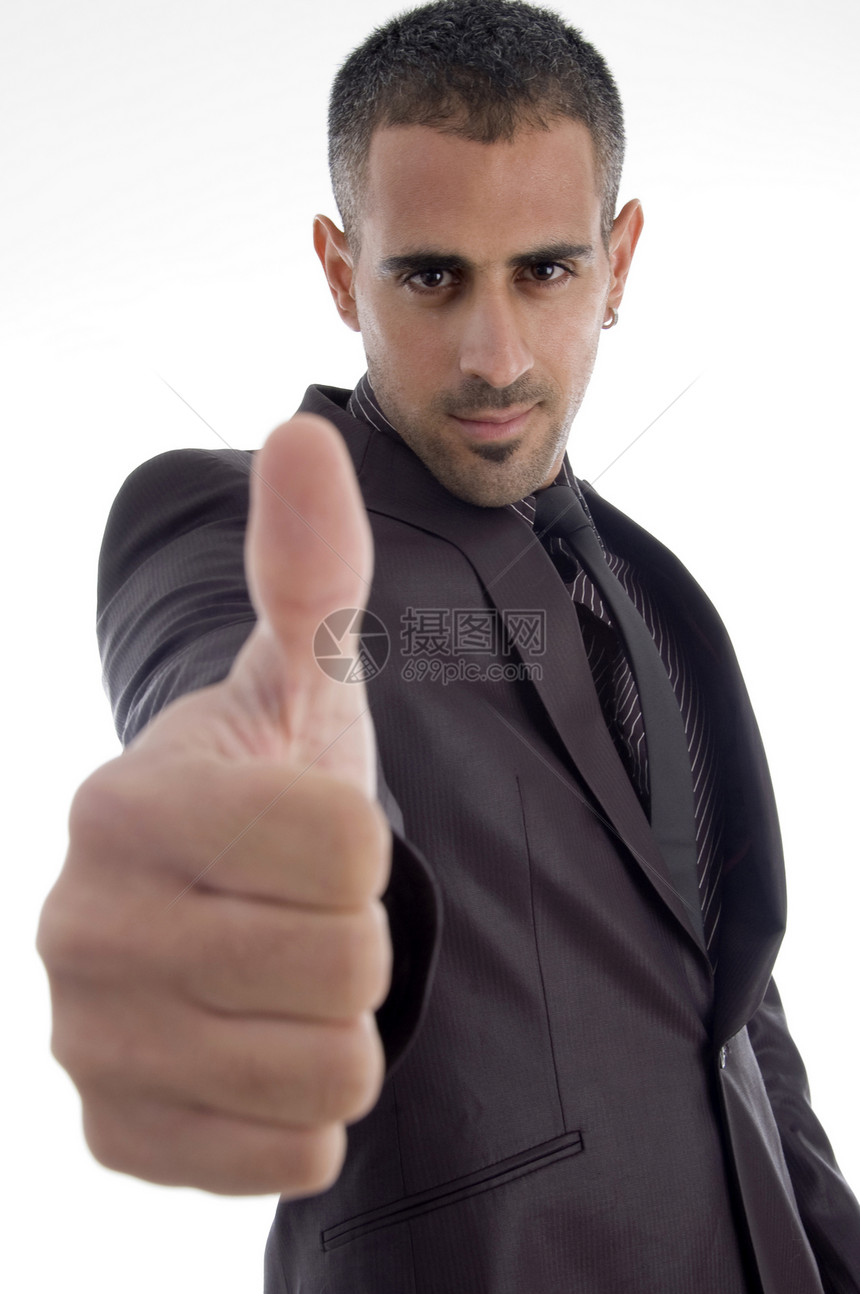 男人举起大拇指管理人员人士男性姿势成人老板白色工作室青年衣服图片