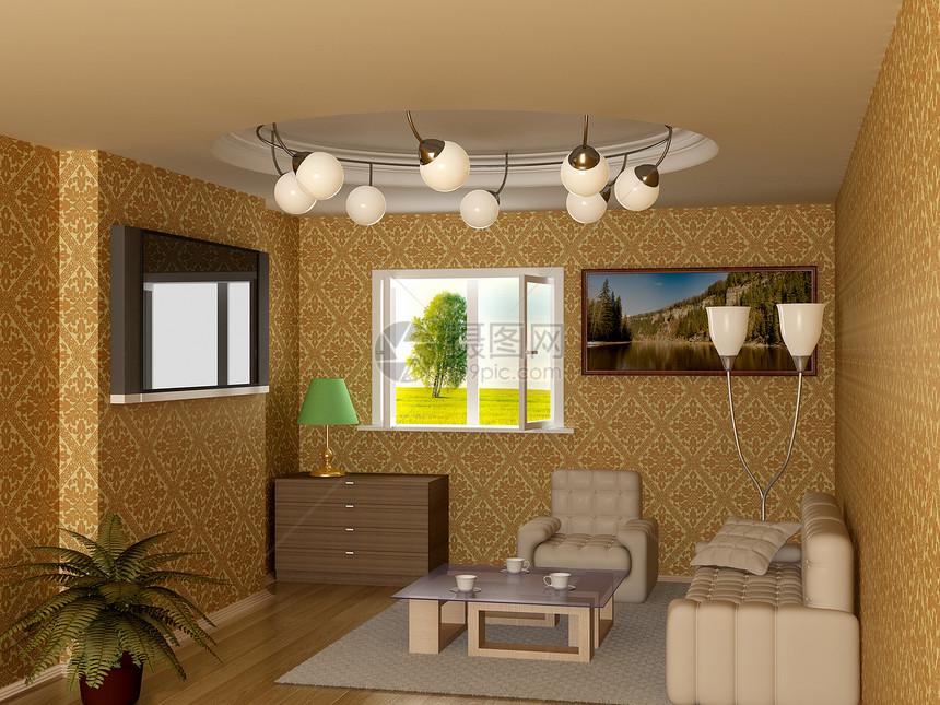 客厅内部的3D图像杯子地面风格地毯窗帘窗户照明家具植物群木地板图片