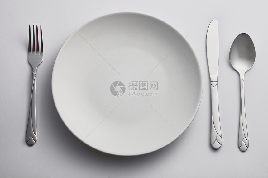 空厨房餐盘用具盘子刀具白色水平不锈钢食物文化餐具勺子图片