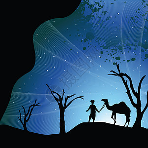 一个骑骆驼的男人的眼影头巾月光插图旅行沙漠背景图片