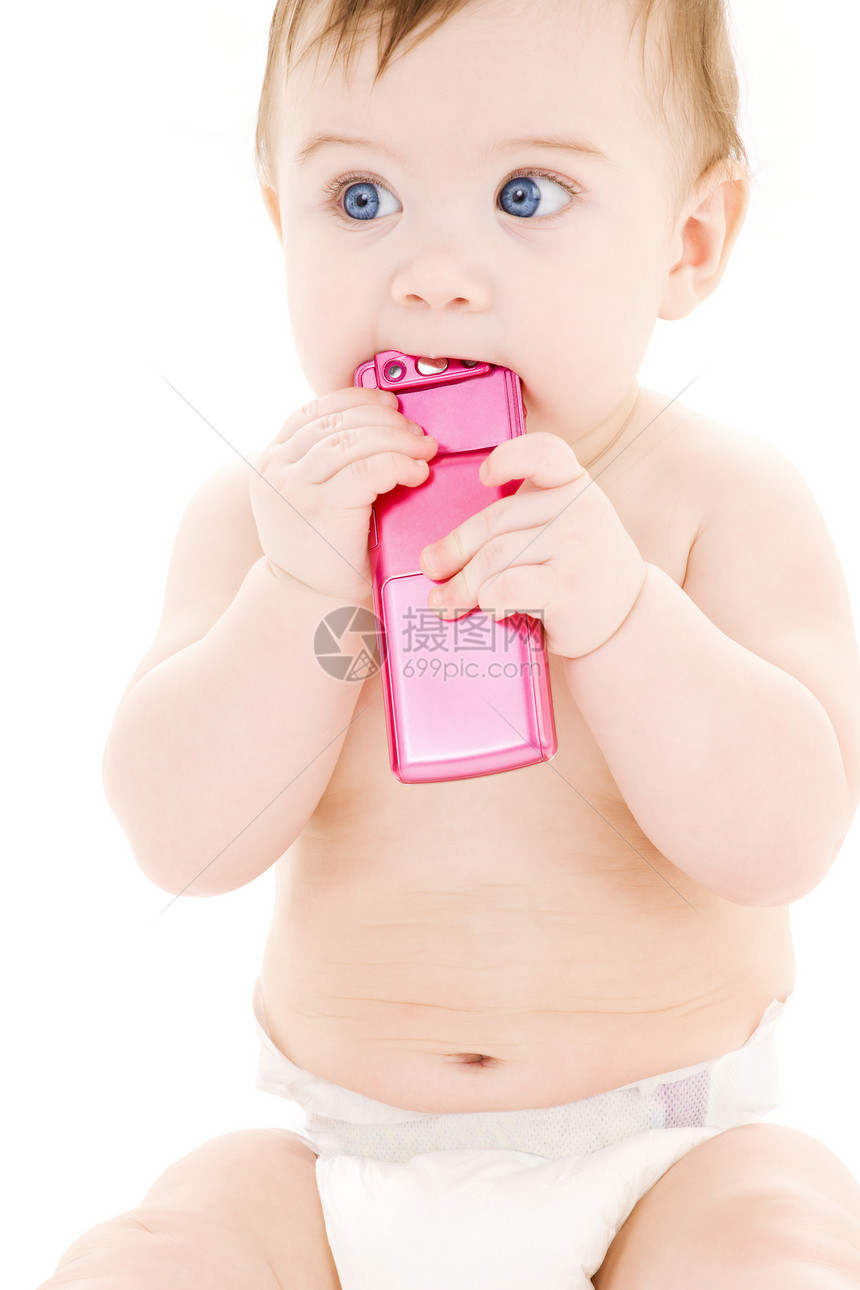 带有移动电话的婴儿男性手机孩子男生细胞新生尿布生活沉思青少年图片