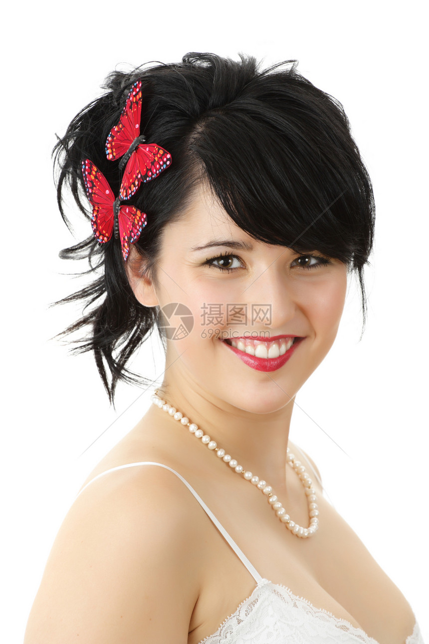 美丽的女孩女性女士微笑蝴蝶牙齿红色白色图片
