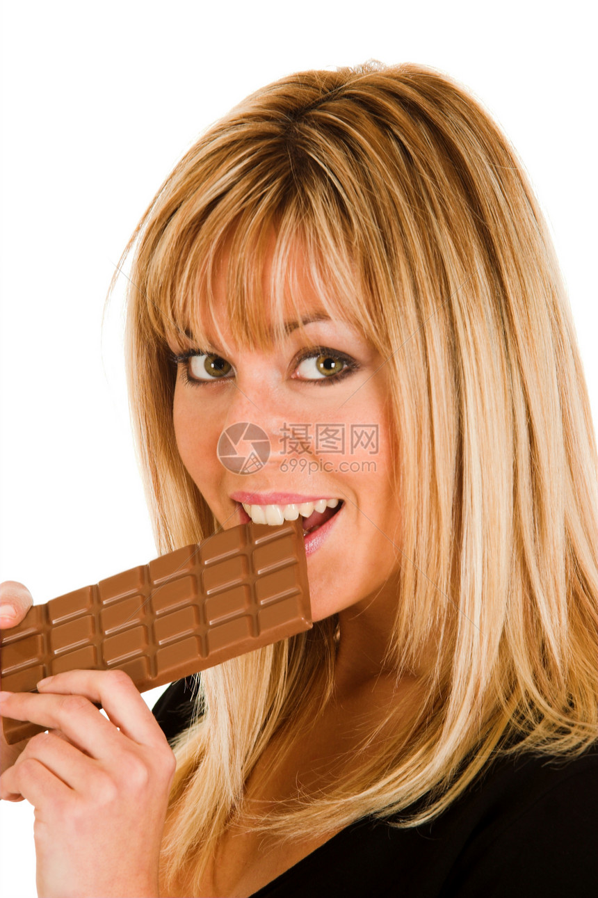 女孩吃巧克力的年青女孩牛奶压力化妆品女士糖果糖尿病金发女性饮食青少年图片