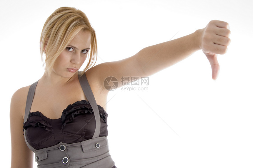 女人的拇指向下女性化工作室姿势白色冒充水平成人金发手势衣服图片