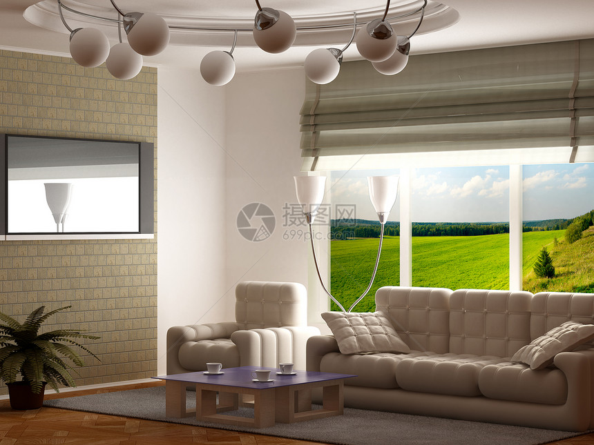 客厅内部的3D图像植物群枕头玻璃窗户大厅木地板建筑学体积装饰摆设图片