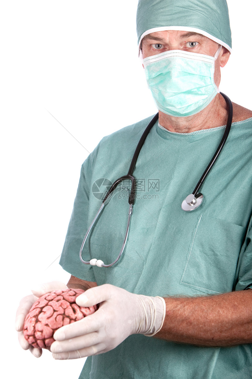 男性外科医生持有大脑面具医疗手术绿色白色药品保健男人卫生图片