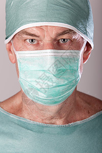 男性外科医生面具手术绿色卫生男人药品保健医疗灰色背景图片