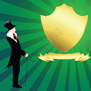 金盾帽子剪影纹章贵族徽章绿色金子射线横幅黑色背景图片