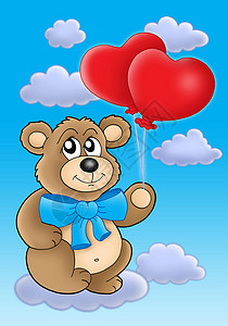 泰迪熊与心脏气球 在蓝天背景图片