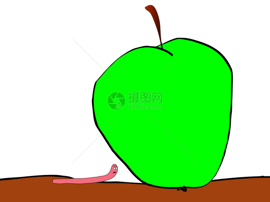 蠕虫和大苹果艺术红虫幽默漫画寓言乐趣绘画插图图片