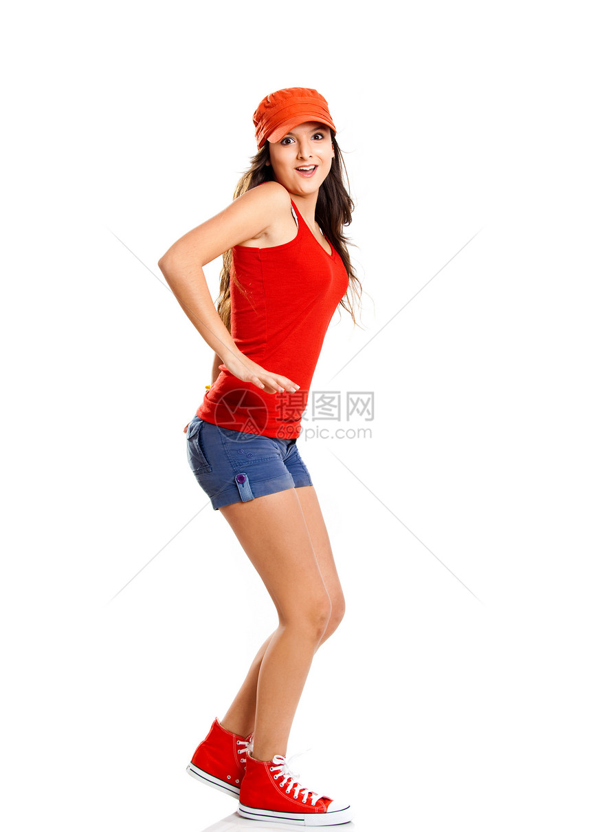 年轻女孩青年青少年姿势女性冒充快乐微笑幸福红色黑发图片