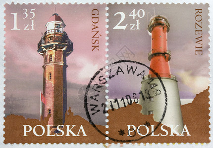 波兰两枚邮票的灯塔邮戳背景图片