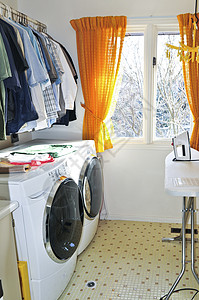 洗衣间装载机烘干机洗涤垫圈住宅设施衣服木板房间内饰背景图片