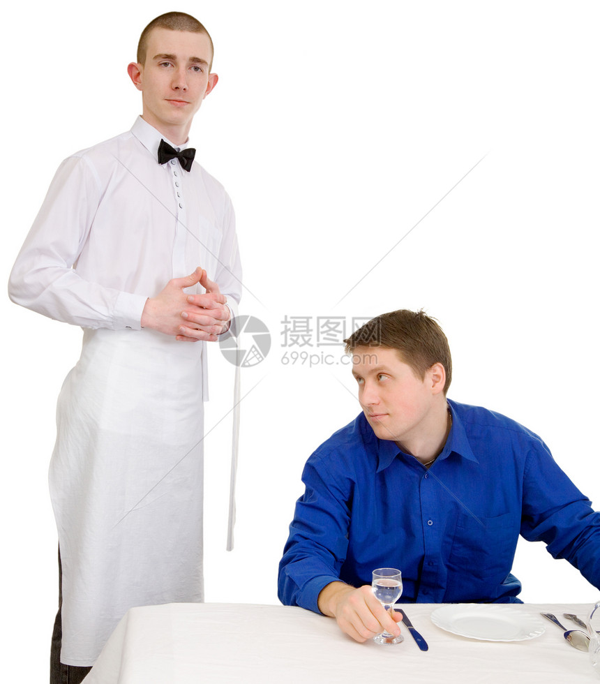 餐厅服务员和客人盘子顾客眼镜蓝色咖啡店客户游客呼叫者白色衬衫图片