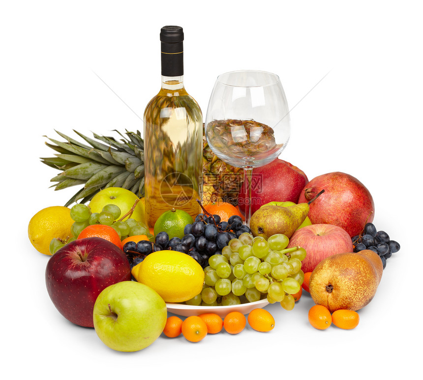 静世     水果和白葡萄酒瓶子的堆积图片