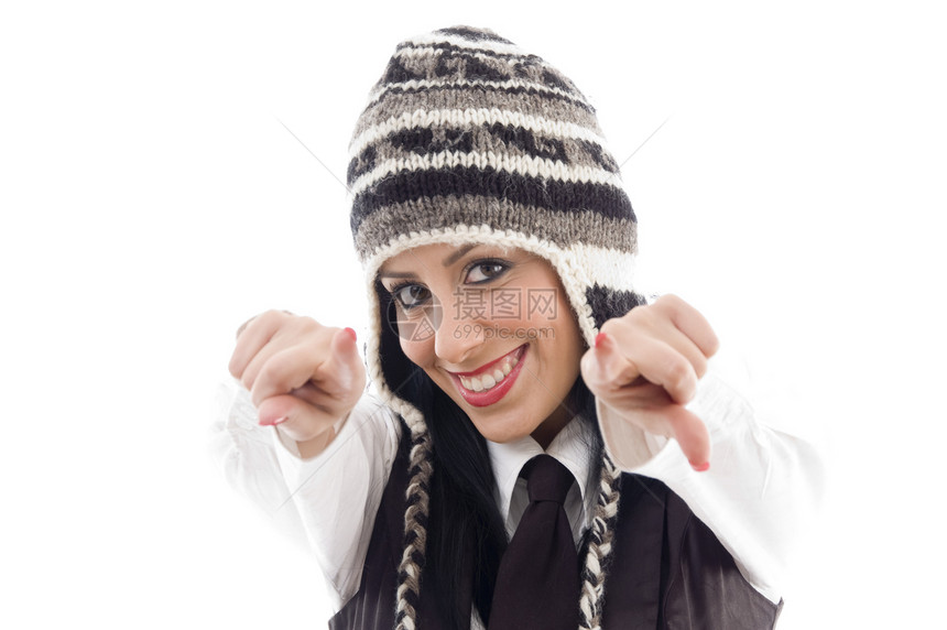 妇女对着照相机姿势青年女士白色黑发衣服冒充工作室手势水平图片