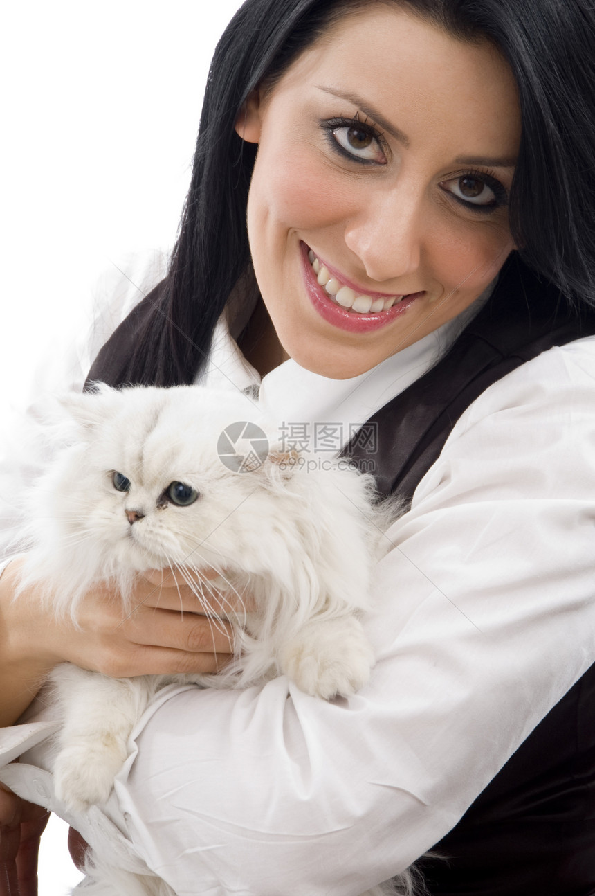 年轻模特装扮她的小猫咪魅力工作室成人女性头发青年白色动物小猫姿势图片