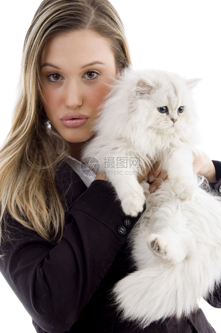 年轻模特装扮她的小猫咪工作室冒充宠物青年姿势魅力衣服白色头发成人图片