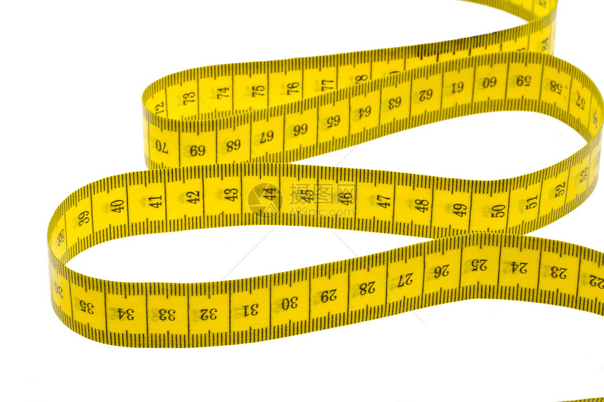 白色背景上孤立的黄色测量磁带腰部仪表概念损失尺寸厘米裁缝平衡漩涡数字图片