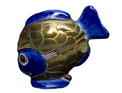 鱼工匠金属蓝色艺术礼物陶瓷白色背景图片