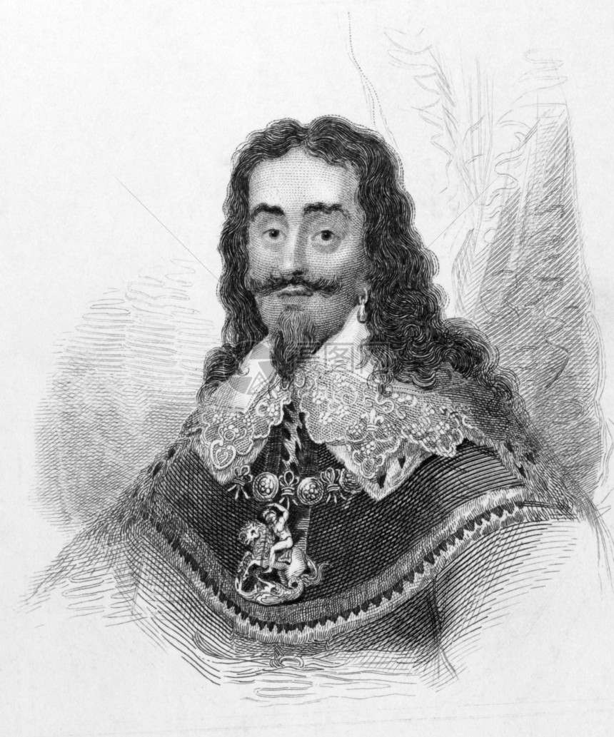 查尔斯一世头发胡子皇家雕刻国王君主古董男性统治者版税图片