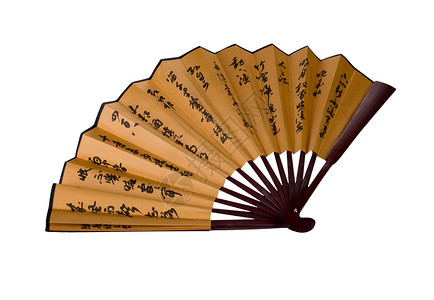 带有象形文字的传统亚洲手风扇扇子棕色核心文化丝绸魔法背景图片