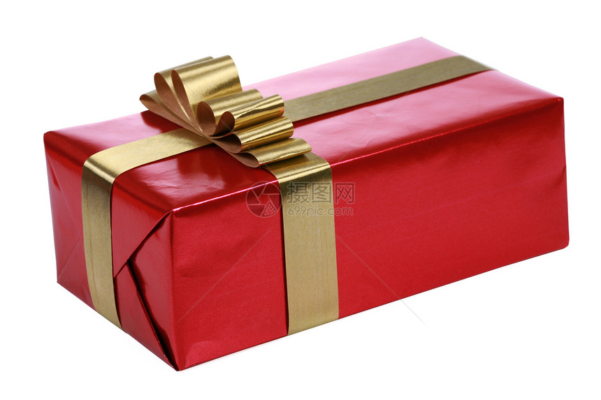 带金丝带的红礼礼盒子生日包装金子礼物丝带图片