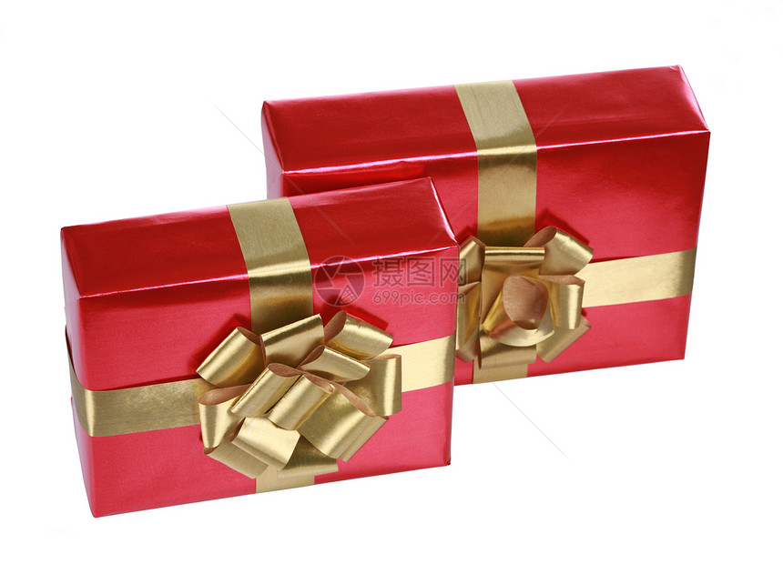 优雅的红礼礼物丝带包装金子生日盒子图片