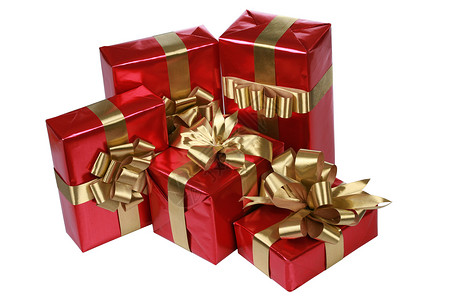 优雅的红礼礼物生日丝带金子盒子包装背景图片