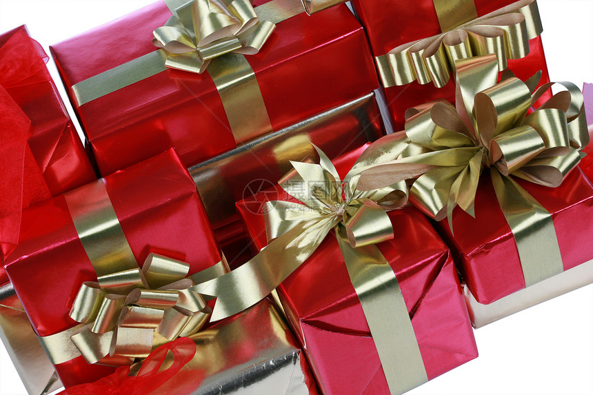 优雅的红礼礼物包装金子丝带生日盒子图片
