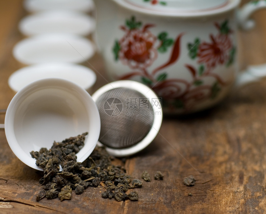 绿色中国茶叶子过滤器食物木头杯子树叶茶壶饮料植物宏观图片