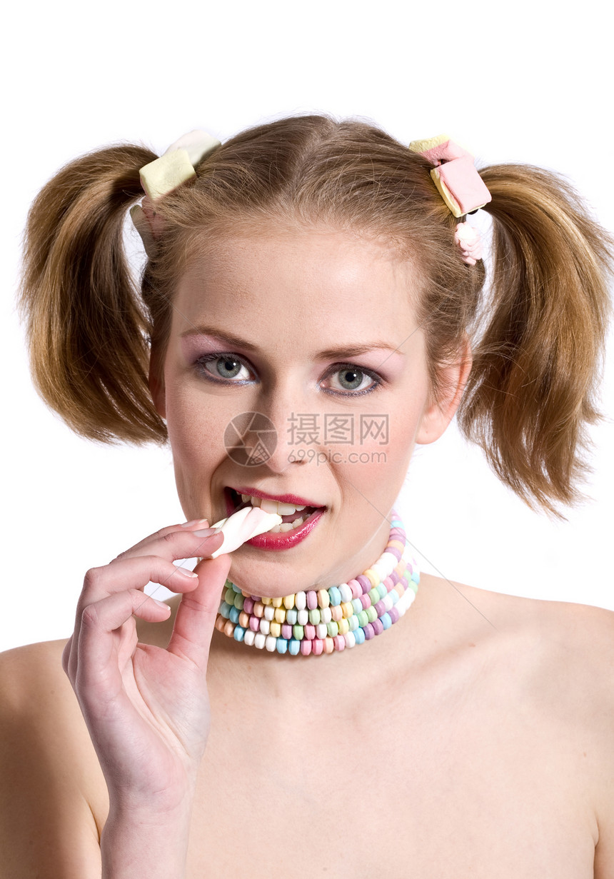 咬了一口女孩糖果女性女士乐趣幸福项链食物金发女性化图片