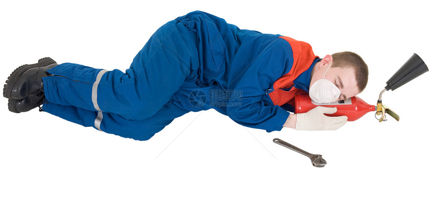疲劳工人工作服金属红色白色蓝色手套休息拥抱建设者呼吸器图片