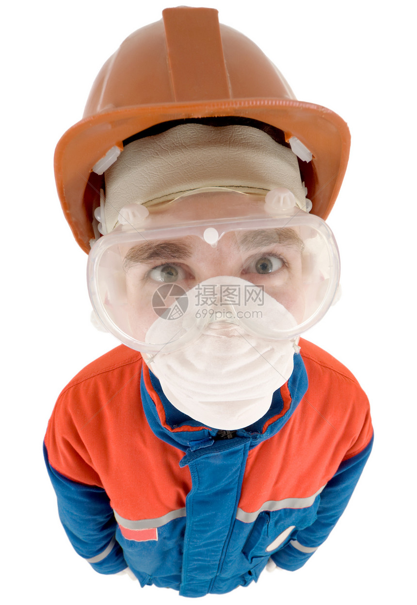 构建器风镜头盔工作服工人红色蓝色男人白色呼吸器图片