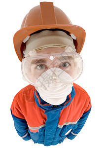 构建器风镜头盔工作服工人红色蓝色男人白色呼吸器背景图片
