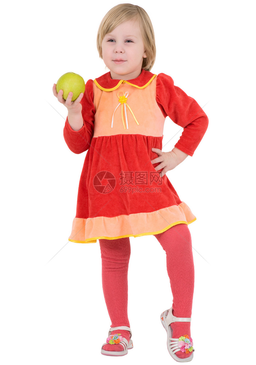小女孩和苹果衣服红色裙子水果微笑绿色白色图片