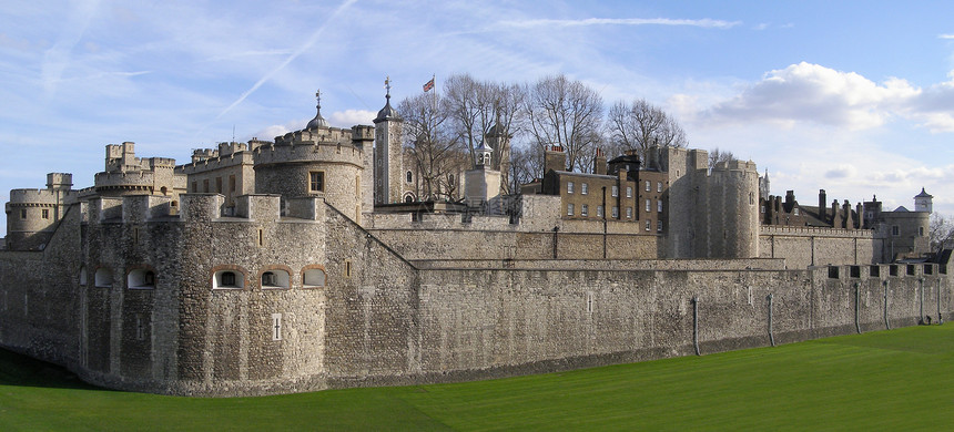 伦敦塔监狱女王草地堡垒蓝色城堡绿色地牢英语全景图片