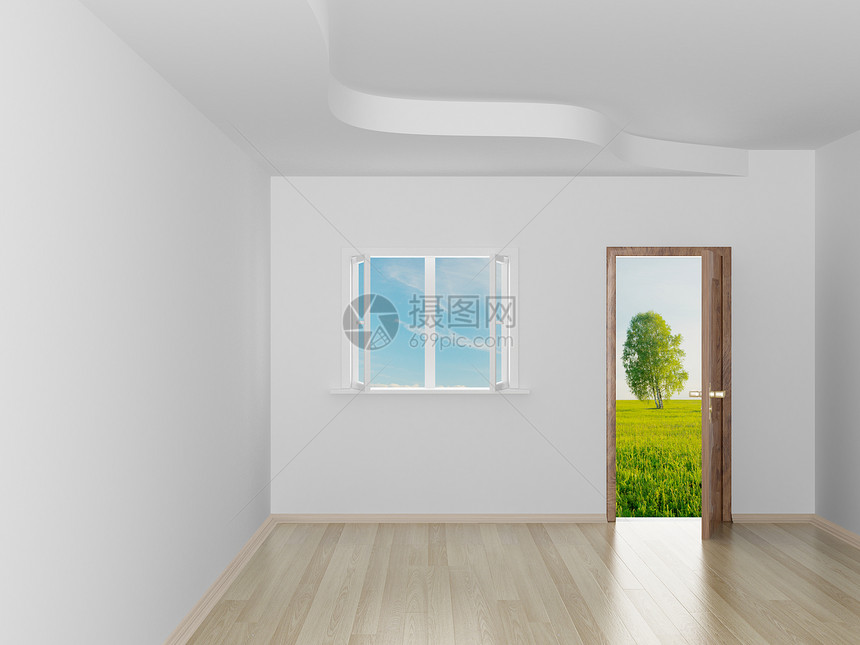 空房间 开着门后风景3D图像插图想像力压板房子框架环境场景窗户天空桦木图片