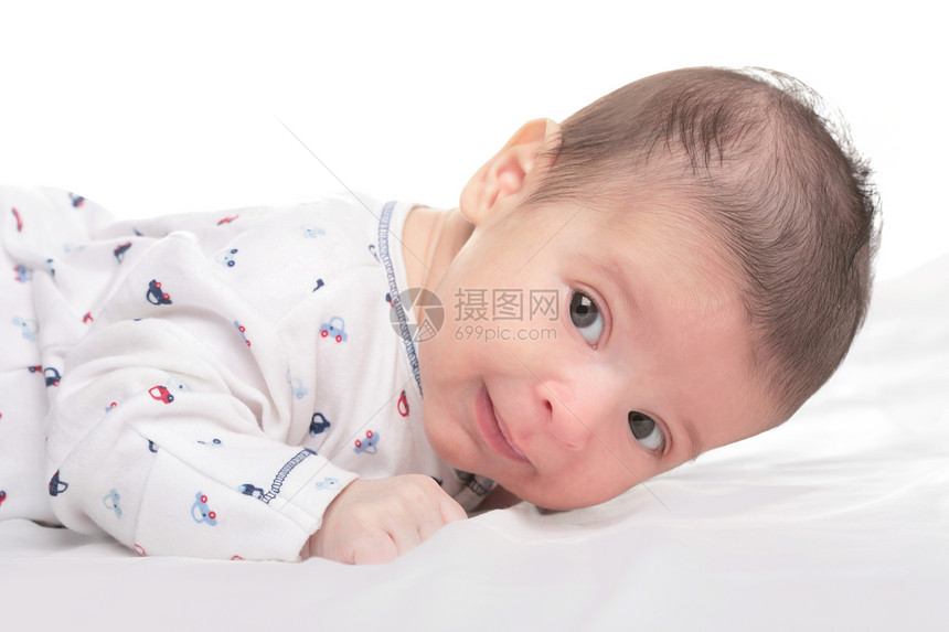 微笑的婴儿耳朵压痛照片头发孩子水平白色图片