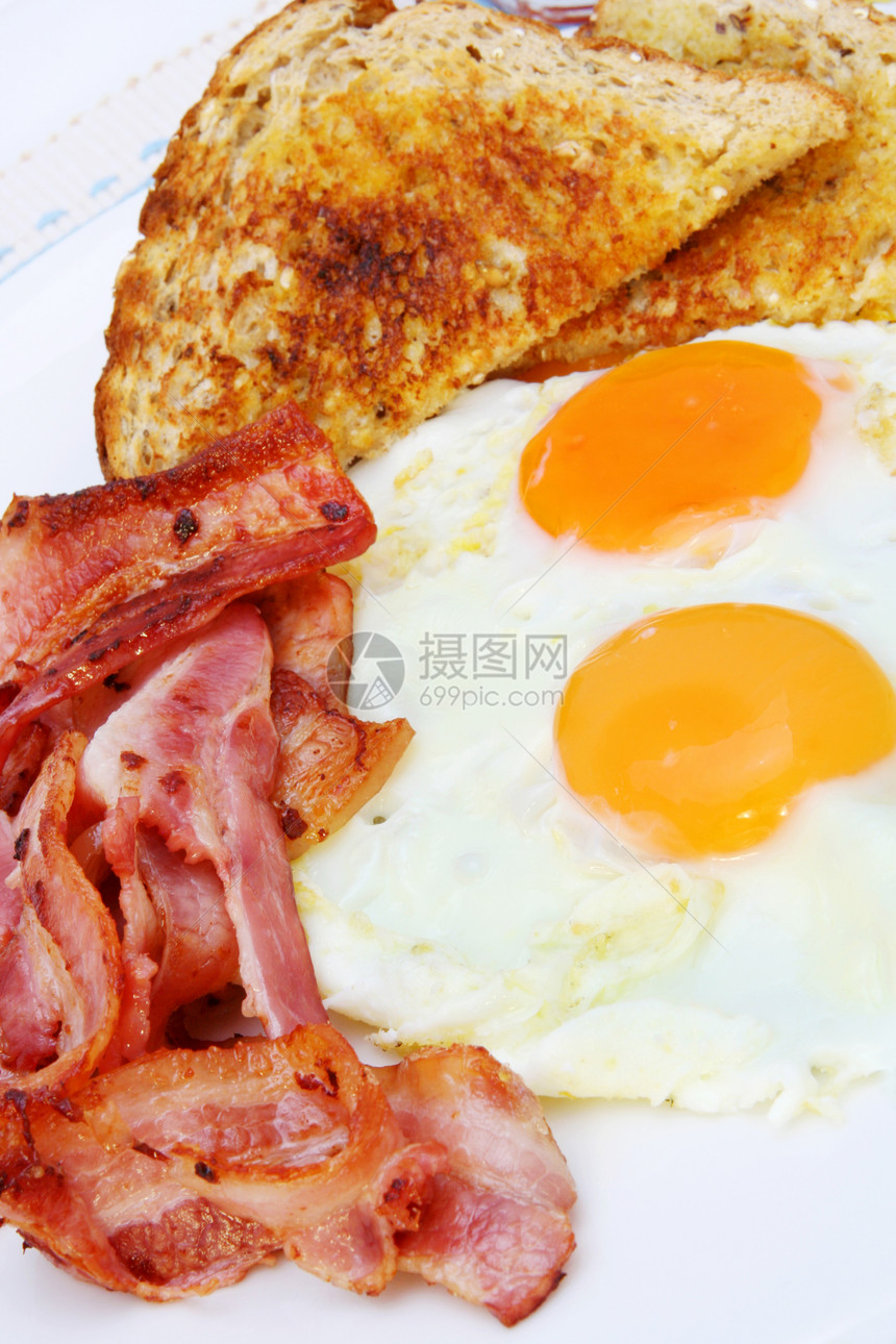 培根和鸡蛋熏肉盘子阳光咖啡店饮食面包食物润滑脂油炸图片