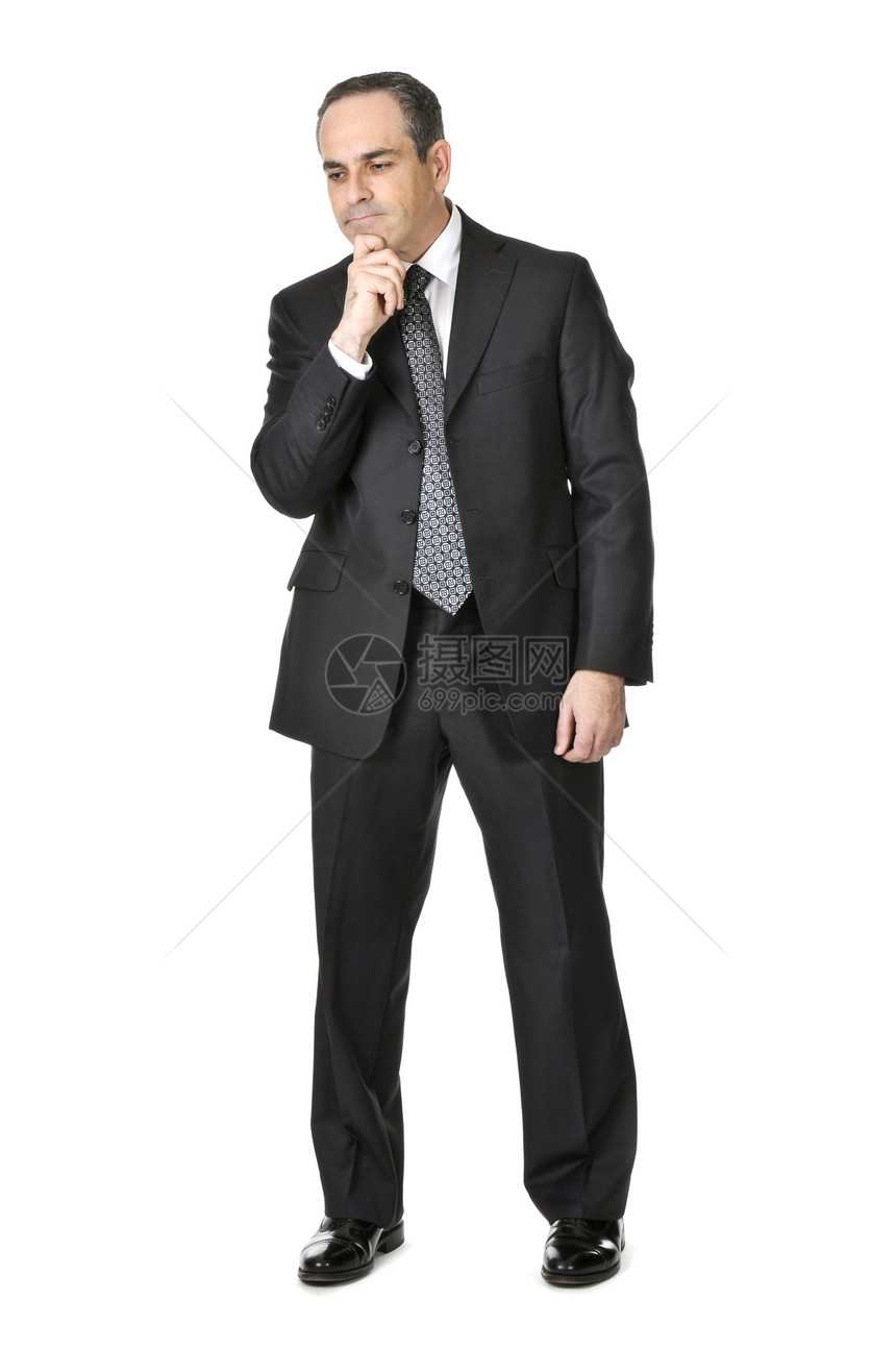 白背景的商界人士情感管理人员思想家领带身体姿势男性生意人专注沉思图片