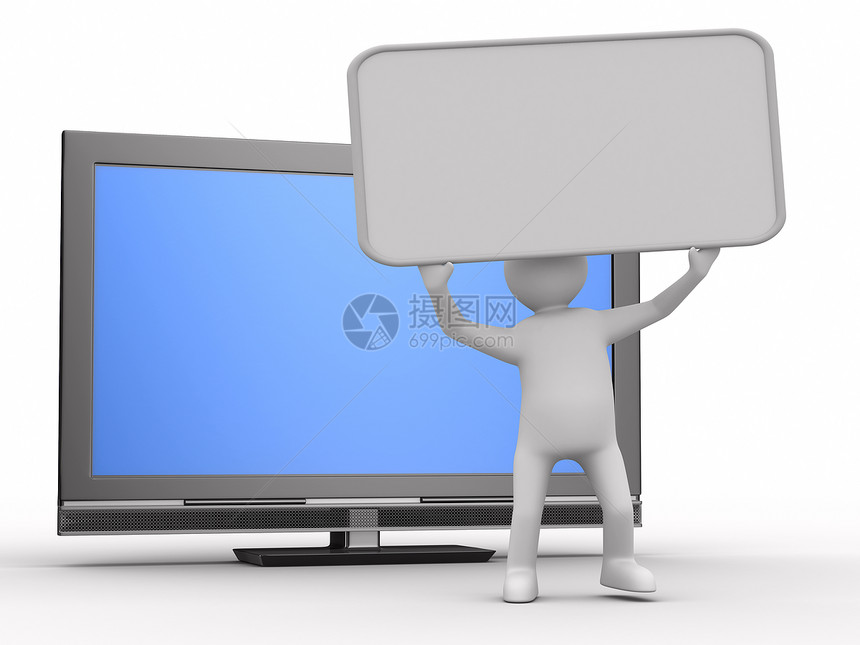白色背景的电视和男子 孤立的 3D 图像薄膜经理商务活动海报展示监视器蓝色广告牌推介会图片