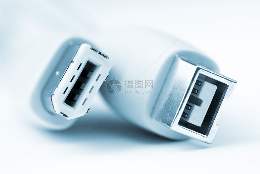 火线电缆宏观白色金属通讯插头调子连接器蓝色图片