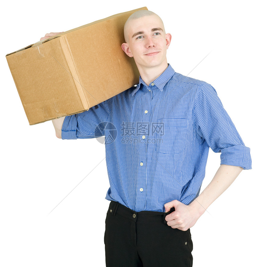 男子持有纸板送货盒子胶合棕色褐色白色刮胡子导游胶带信使图片