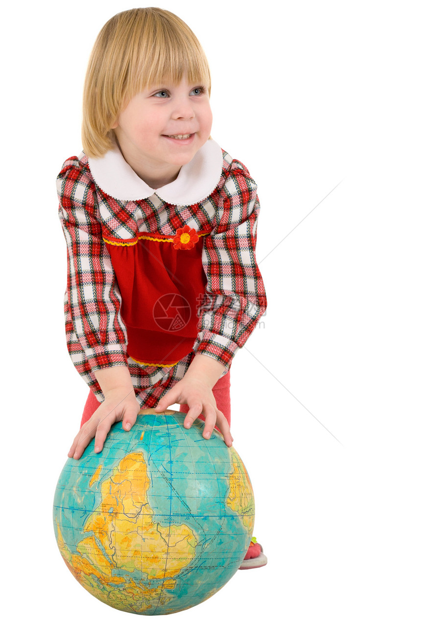女童和地球的幼小地球白色陆地裙子蓝色红色图片
