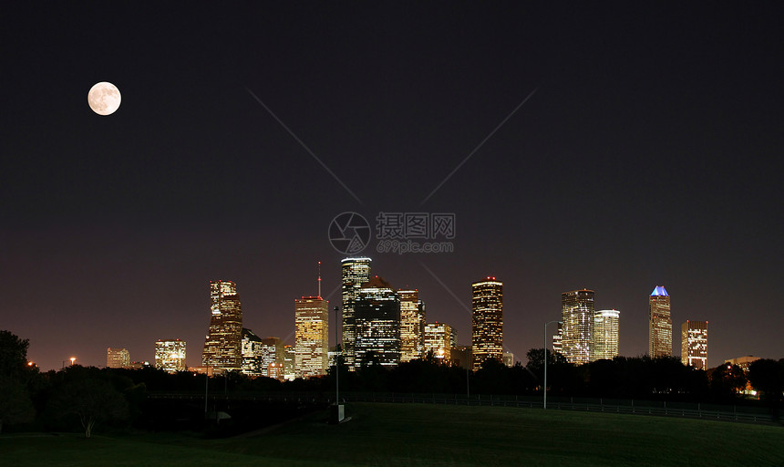 休斯顿夜间帕诺市下城中心城市建筑学建筑月亮摩天大楼高楼住宅区全景工作图片